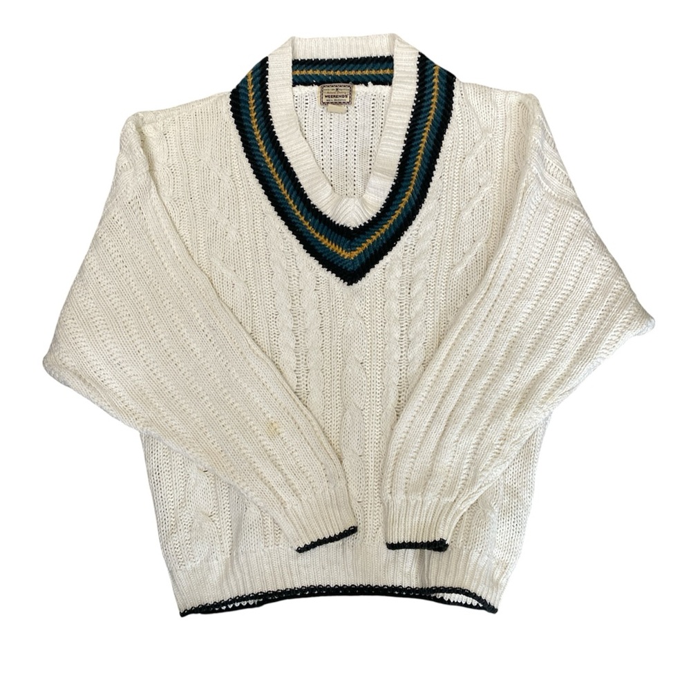 Vintage Weekends 100% Natural Cable Knit V-Neck Sweater | Preppy Classic | XL
